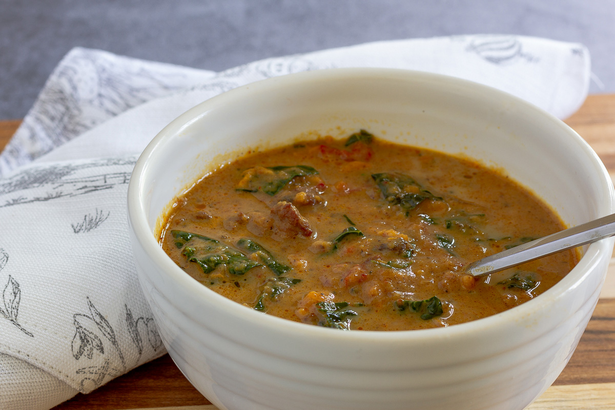 Creamy Sausage, Sweet Potato & Kale Soup